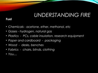 UNDERSTANDING FIRE
Fuel
• Chemicals - acetone, ether, methanol, etc
• Gases - hydrogen, natural gas
• Plastics - PCs, cable insulation, research equipment
• Paper and cardboard - packaging
• Wood - desks, benches
• Fabrics - chairs, blinds, clothing
• You…
 