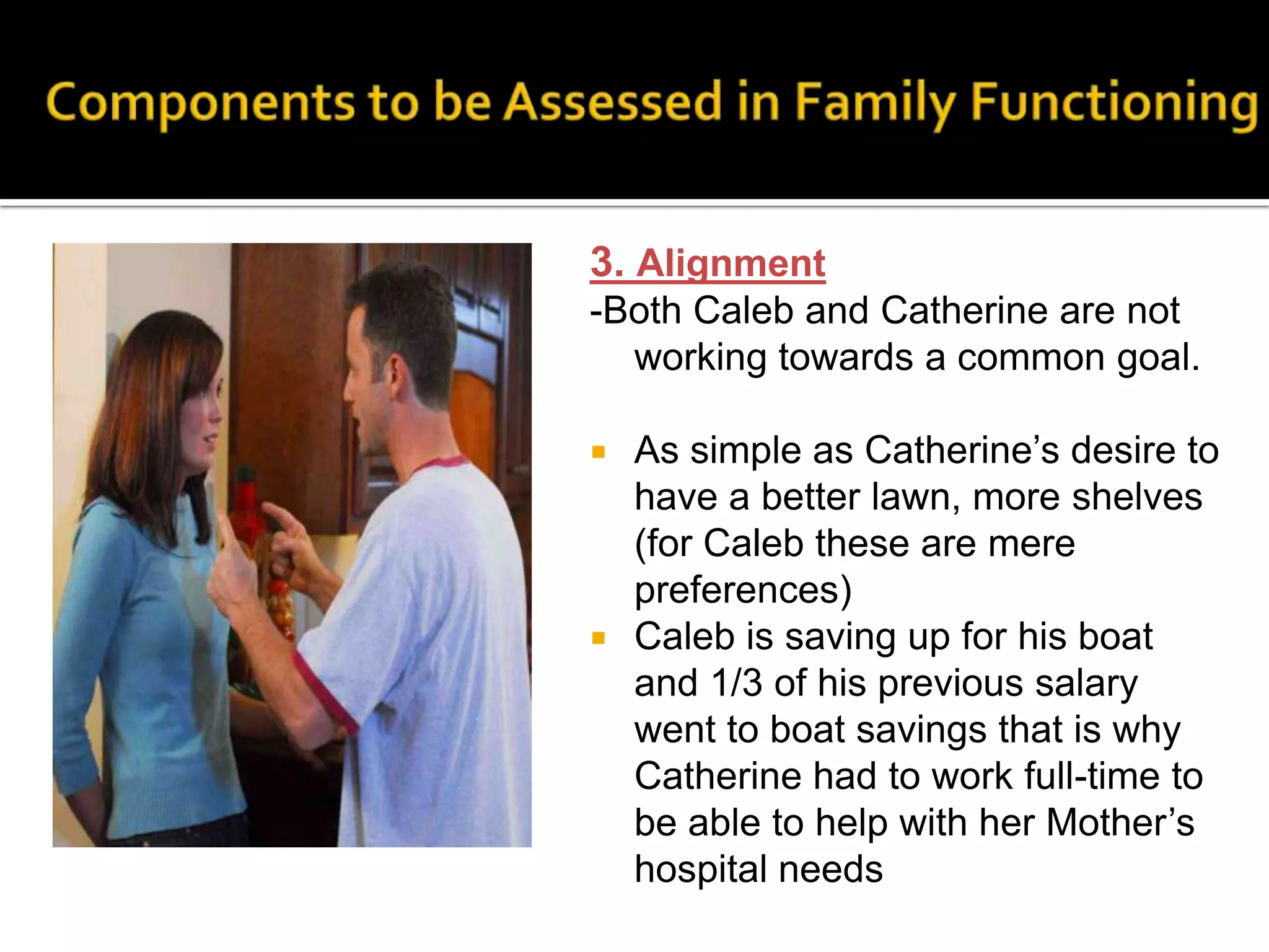 3. Alignment
-Both Caleb and Catherine are not
working towards a common goal.
 As simple as Catherine’s desire to
have a better lawn, more shelves
(for Caleb these are mere
preferences)
 Caleb is saving up for his boat
and 1/3 of his previous salary
went to boat savings that is why
Catherine had to work full-time to
be able to help with her Mother’s
hospital needs
 