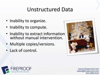 Unstructured Data
• Inability to organize.
• Inability to compute.
• Inability to extract information
  without manual intervention.
• Multiple copies/versions.
• Lack of control.
 