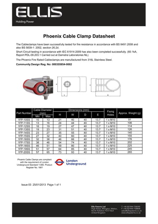 Phoenix Cable Clamp Datasheet 
The Cableclamps have been successfully tested for fire resistance in accordance with BS 8491:2008 and 
also BS 5839-1: 2002, section 26.2d. 
Short Circuit testing in accordance with IEC 61914:2009 has also been completed successfully. (60.1kA, 
Report PDL-09.203.1 Carried out at Damstra Laboratories NL) 
The Phoenix Fire Rated Cableclamps are manufactured from 316L Stainless Steel. 
Community Design Reg. No: 000355854-0002 
Min Max 
H E 
1FP-10SS 10 13 21 40 40 13.7 1 x M10 
1FP-11SS 13 16 24 44 40 13.7 1 x M10 
1FP-12SS 16 19 27 47 40 13.7 1 x M10 
1FP-13SS 19 23 31 51 40 13.7 1 x M10 
1FP-14SS 23 27 35 55 40 13.7 1 x M10 
1FP-15SS 27 32 40 60 40 13.7 1 x M10 
1FP-16SS 32 38 46 66 40 13.7 1 x M10 
1FP-17SS 38 46 54 74 40 13.7 1 x M10 
1FP-18SS 46 51 59 80 40 13.7 1 x M10 
1FP-19SS 51 57 64 85 40 13.7 1 x M10 
1FP-20SS 57 65 73 93 40 13.7 1 x M10 
Phoenix Cable Clamps are compliant 
with the requirement of London 
Underground Standard 1-085. Product 
Register No. 1661 
155 
176 
202 
W D 
Part Number 
Cable Diameter 
(mm) Approx. Weight (g) 
91 
106 
114 
126 
140 
225 
245 
265 
Fixing 
Holes 
Issue 03 25/01/2013 Page 1 of 1 
Dimensions (mm) 
