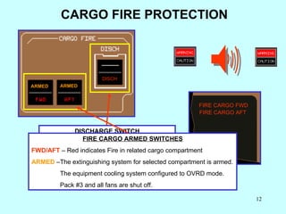 CARGO FIRE PROTECTION FIRE CARGO FWD  ARMED ARMED FIRE CARGO AFT  DISCH DISCHARGE SWITCH DISCH  – Pushed will discharge ex...