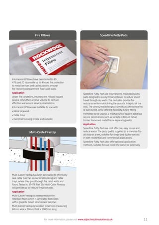 For more information, please visit www.sigtechnicalinsulation.co.uk
Intumescent Pillows have been tested to BS
476:part 20 to provide up to 4 hours fire protection
to metal services and cables passing through
fire resisting compartment floors and walls.
Application
Under fire conditions, Intumescent Pillows expand
several times their original volume to form an
effective seal around service penetrations.
Intumescent Pillows are suitable for use with:
•	Metal pipework
•	Cable trays
•	Electrical trunking (inside and outside)
Multi-Cable Firestop has been developed to effectively
seal cable bunches in electrical trunking and cable
trays, where they pass through fire rated walls and
floors. Tested to BS476 Part 20, Multi-Cable Firestop
will provide up to 4 hours fire protection.
Application
Multi-Cable Firestop is a compressible fire
retardant foam which is laminated both sides
with a graphite based intumescent polymer.
Multi-Cable Firestop is supplied in sections measuring
60mm wide x 30mm thick x 1000mm long.
Fire Pillows
Multi-Cable Firestop
Speedline Putty Pads are intumescent, mouldable putty
pads designed to easily fit socket boxes to reduce sound
travel through dry walls. The pads also provide fire
resistance while maintaining the acoustic integrity of the
wall. The strong, malleable putty avoids accidental tearing
or puncturing, while offering flexibility during fitting.
Permitted to be used as a mechanism of sealing electrical
service penetrations such as sockets in Robust Detail
timber frame and metal frame separating walls.
Application
Speedline Putty Pads are cost effective, easy to use and
reduce waste. The putty pad is supplied as a one-size-fits-
all strip on a reel, suitable for single and double sockets
in both residential and commercial applications.
Speedline Putty Pads also offer optional application
methods, suitable for use inside the socket or externally.
Speedline Putty Pads
11
 