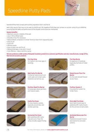 Speedline Putty Pads
For more information, please visit www.sigtechnicalinsulation.co.uk
Speedline Putty Pads comply with building regulations Part E and Part B.
With a fire rating of two hours in dry walls (to BS476 part 20), Speedline Putty Pads also achieve an acoustic rating of up to 69dB Rw,
ensuring that the safety and performance of the drywall construction are maintained.
General benefits:
• Maintains acoustic integrity of the wall
• Use in PVC  Metal boxes
• Provides 2 hour fire resistance
• Robust Details compliance in timber frame  metal frame separating walls
• Easy to use
• Fast to fit
• Minimal waste
• Easy to stock: one reel fits all
• Reduced damage on site and in transit
• Cost effective – labour and time saving
SIG also produces a wide variety of bespoke insulation products to customer specification and also manufactures a range of fire,
thermal and acoustic products.
Fire Stop Strip
For medium size linear gaps in
buildings.
Fire Stop Blocks
For apertures in buildings,
especially the flutes of metal
profiles.
Wall Cavity Fire Barrier
Fire Barrier Slab  Strip For all
cavity walls and curtain walls,
horizontal and vertical use.
Raised Access Floor Fire
Barrier
For the voids beneath Raised
Access Floors.
Partition Head Fire Barrier
For large gaps above partitions
and masonry walls.
FireFloor System 2
Fire protection system for
timber floors.
Cavity Fire Closer
To close masonry cavities,
especially around door and
window openings.
Party Wall Fire Closer
Semi-rigid mineral wool to
polythene DPC Cavity Closers
for the junctions of party walls.
Horizontal Fire Closer
With polythene DPC Cavity
Tray and up to 2 hour fire
rating. Includes support fixings.
Ventilated Rainscreen Fire
Barrier
Polythene enclosed mineral
wool barrier for rainscreen
systems.
28
 