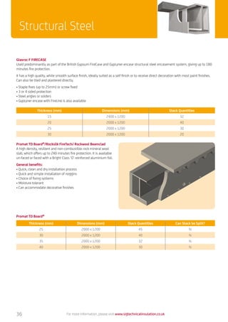 For more information, please visit www.sigtechnicalinsulation.co.uk36
Structural Steel
Glasroc F FIRECASE
Used predominantly as part of the British Gypsum FireCase and GypLyner encase structural steel encasement system, giving up to 180
minutes fire protection.
It has a high quality, white smooth surface finish, ideally suited as a self finish or to receive direct decoration with most paint finishes.
Can also be tiled and plastered directly.
•	Staple fixes (up to 25mm) or screw fixed
•	3 or 4 sided protection
•	Steel angles or solders
•	GypLyner encase with FireLine is also available
Promat TD Board®
/Rocksilk FireTech/ Rockwool Beamclad
A high density, resilient and non-combustible rock mineral wool
slab, which offers up to 240 minutes fire protection. It is available
un-faced or faced with a Bright Class ‘O’ reinforced aluminium foil.
General benefits:
•	Quick, clean and dry installation process
•	Quick and simple installation of noggins
•	Choice of fixing systems
•	Moisture tolerant
•	Can accommodate decorative finishes
Thickness (mm) Dimensions (mm) Stack Quantities
15 2400 x 1200 32
20 2000 x 1200 40
25 2000 x 1200 30
30 2000 x 1200 20
Promat TD Board®
Thickness (mm) Dimensions (mm) Stack Quantities Can Stack be Split?
25 2000 x 1200 45 N
30 2000 x 1200 40 N
35 2000 x 1200 32 N
40 2000 x 1200 30 N
 