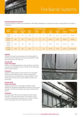 For more information, please visit www.sigtechnicalinsulation.co.uk 39
Fire Barrier Systems
Culimeta Saveguard Fire Barriers
Culimeta Saveguard Fire Barriers are developed to offer flexible, lightweight, non-respirable and easy to install product for all types of
installations.
Product
Name
Fire Specification Product Dimensions Fixing Method
Identification
ColourIntegrity
(min)
Insulation
(min)
Width
(cm)
Length
(m)
Thick
(mm)
Pack
Area
Staple
Gun
Staples
Firehalt
30/30
30 30 120 7 8 8.4m2
R31 12mm White
Firehalt
60/30
60 30 120 7 8 8.4m2
R31 12mm White
Firehalt
120/30
(Gold)
120 30 120 7 8 8.4m2
R31 12mm Green
Firehalt
120/60
120 60 120 5 16 6.0m2
R31 12mm Green/White
FIREHALT
FIREHALT has bought two new products to the lightweight fire
barrier/fire curtain market that are exclusively available through
your local branch of SIG. These are:
Firehalt SF90
Product Description
SF90 is an ultra-lightweight fabric smoke and flame curtain that
is totally non combustable and has a full 90 min fire rating when
tested to BS476 p20/22.
Installation
Supplied in handy sized rolls 120cm wide by 25m long which
like all the other FIREHALT products utilises standard fixing
components that are inexpensive and readily available. 12mm
metal staples are used to join panels together vertically and
horizontally.
Firehalt 30/30
Product Description
To help you cope with an increasingly competitive market
FIREHALT has developed a lightweight fire rated cavity barrier that
still offers a full 30 mins Insulation value when tested to BS476
p20/22.
Installation
Each pack weighs little more than 16kg but provides 8.4sqm
of product. In line with other products in the range it is quick
to install using standard components such as 50mm stud and
25mm metal angle, and can be fixed from one side.
 