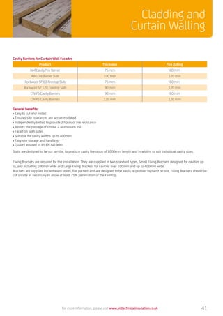 Cladding and
Curtain Walling
For more information, please visit www.sigtechnicalinsulation.co.uk
Cavity Barriers for Curtain Wall Facades
Product Thickness Fire Rating
AIM Cavity Fire Barrier 75 mm 60 min
AIM Fire Barrier Slab 100 mm 120 min
Rockwool SP 60 Firestop Slab 75 mm 60 min
Rockwool SP 120 Firestop Slab 90 mm 120 min
CW-FS Cavity Barriers 90 mm 60 min
CW-FS Cavity Barriers 120 mm 120 mm
General benefits:
•	Easy to cut and install
•	Ensures site tolerances are accommodated
•	Independently tested to provide 2 hours of fire resistance
•	Resists the passage of smoke – aluminium foil
•	Faced on both sides
•	Suitable for cavity widths up to 400mm
•	Easy site storage and handling
•	Quality assured to BS EN ISO 9001
Slabs are designed to be cut on-site, to produce cavity fire stops of 1000mm length and in widths to suit individual cavity sizes.
Fixing Brackets are required for the installation. They are supplied in two standard types, Small Fixing Brackets designed for cavities up
to, and including 100mm wide and Large Fixing Brackets for cavities over 100mm and up to 400mm wide.
Brackets are supplied in cardboard boxes, flat packed, and are designed to be easily re-profiled by hand on site. Fixing Brackets should be
cut on site as necessary to allow at least 75% penetration of the Firestop.
41
 