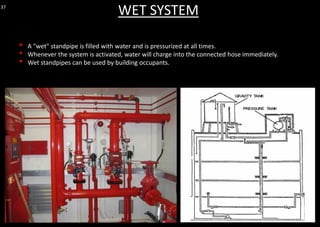 37
WET SYSTEM
• A "wet" standpipe is filled with water and is pressurized at all times.
• Whenever the system is activated, water will charge into the connected hose immediately.
• Wet standpipes can be used by building occupants.
 