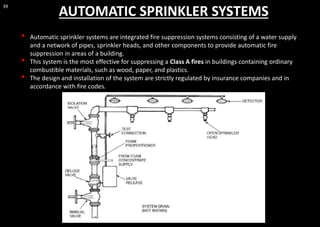 39
AUTOMATIC SPRINKLER SYSTEMS
• Automatic sprinkler systems are integrated fire suppression systems consisting of a water supply
and a network of pipes, sprinkler heads, and other components to provide automatic fire
suppression in areas of a building.
• This system is the most effective for suppressing a Class A fires in buildings containing ordinary
combustible materials, such as wood, paper, and plastics.
• The design and installation of the system are strictly regulated by insurance companies and in
accordance with fire codes.
 