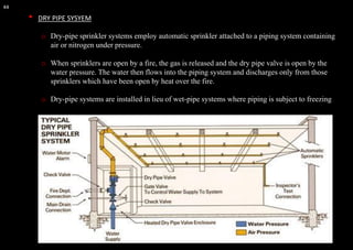 44
o Dry-pipe sprinkler systems employ automatic sprinkler attached to a piping system containing
air or nitrogen under pressure.
o When sprinklers are open by a fire, the gas is released and the dry pipe valve is open by the
water pressure. The water then flows into the piping system and discharges only from those
sprinklers which have been open by heat over the fire.
o Dry-pipe systems are installed in lieu of wet-pipe systems where piping is subject to freezing
• DRY PIPE SYSYEM
 