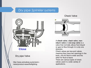 Dry pipe Sprinkler systems
http://www.avkvalves.eu/en/avk-i-
news/product-news/firefighting
Check Valve
Dry pipe Valve
A check valve, clack valve, non-
return valve or one-way valve is a
valve that normally allows fluid (liquid
or gas) to flow through it in only one
direction.
Check valves are two-port valves,
meaning they have two openings in the
body, one for fluid to enter and the
other for fluid to leave.
There are various types of check
valves used in a wide variety of
applications.
 