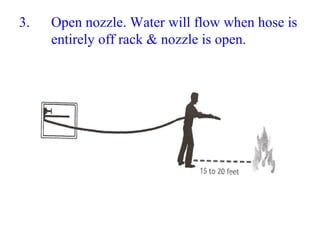 3. Open nozzle. Water will flow when hose is
entirely off rack & nozzle is open.
 