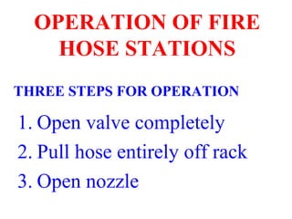 OPERATION OF FIRE
HOSE STATIONS
1. Open valve completely
2. Pull hose entirely off rack
3. Open nozzle
THREE STEPS FOR OPERATION
 