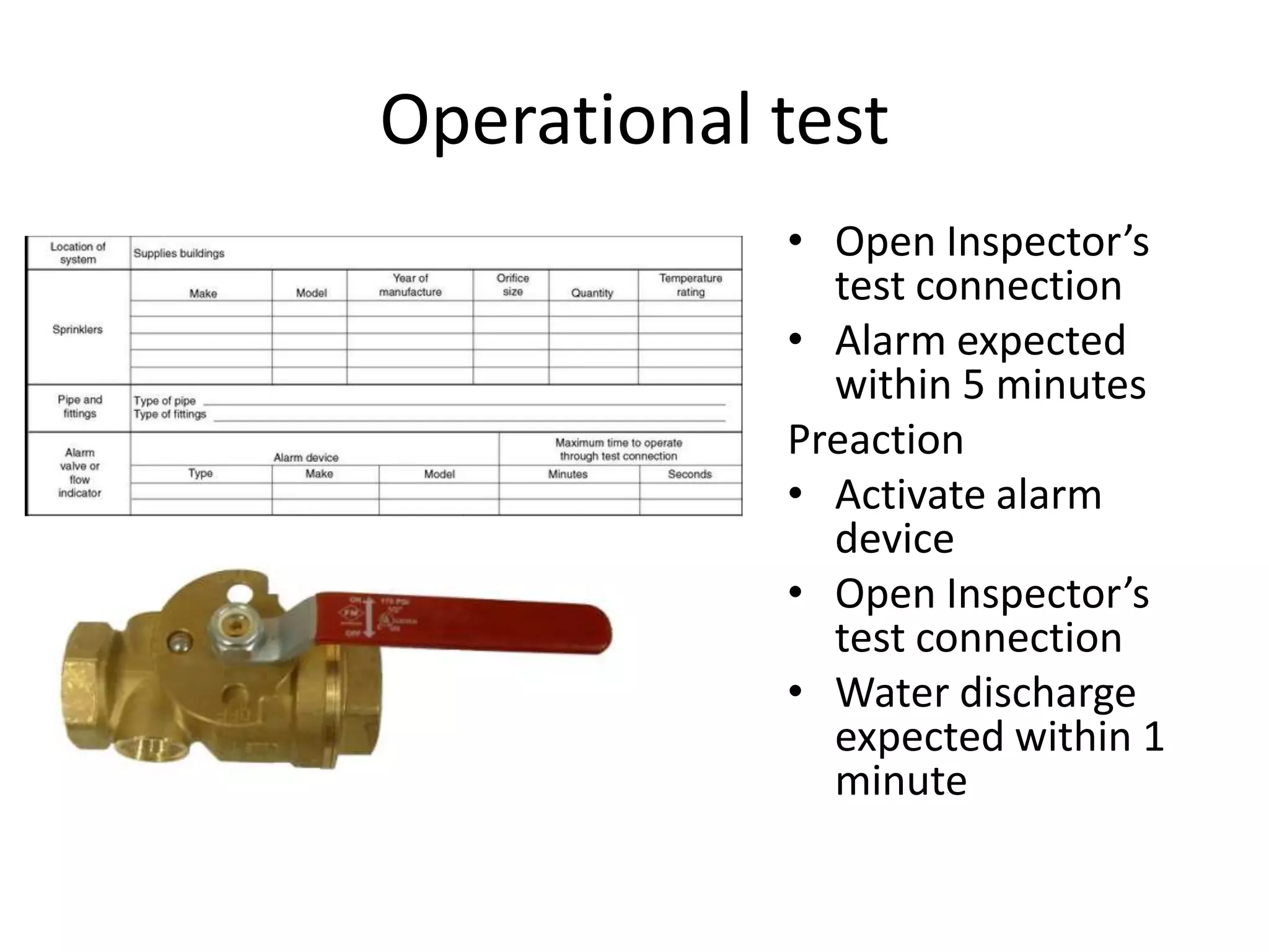 Operational test
            • Open Inspector’s
              test connection
            • Alarm expected
              within 5 minutes
            Preaction
            • Activate alarm
              device
            • Open Inspector’s
              test connection
            • Water discharge
              expected within 1
              minute
 