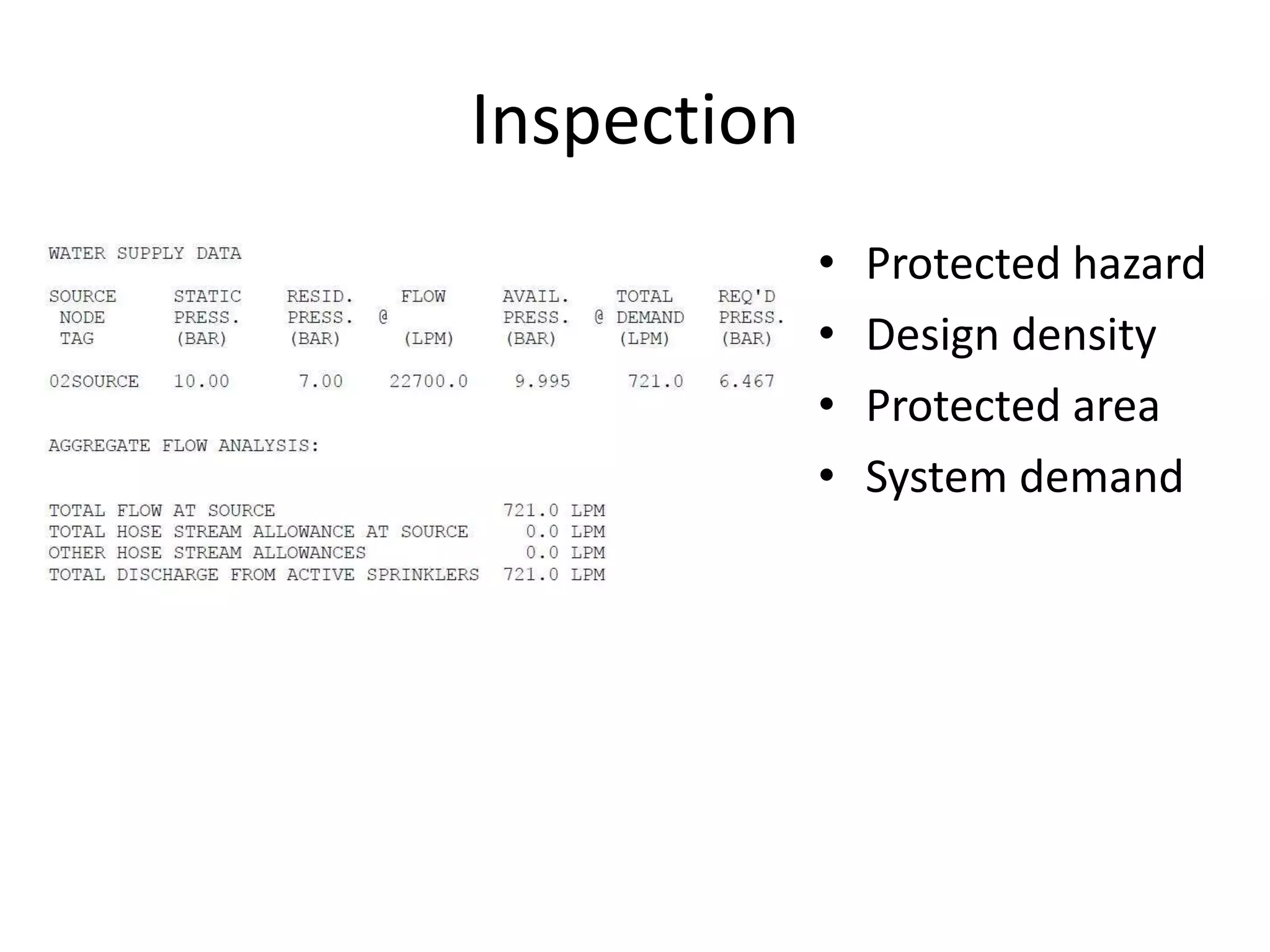 Inspection
             •   Protected hazard
             •   Design density
             •   Protected area
             •   System demand
 
