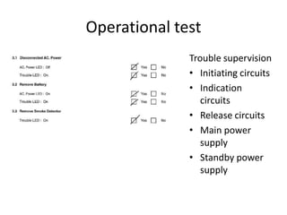 Operational test
              Trouble supervision
              • Initiating circuits
              • Indication
                 circuits
              • Release circuits
              • Main power
                 supply
              • Standby power
                 supply
 
