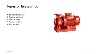 6/8/2020 21
Types of fire pumps
 Horizontal split case
 Vertical split case
 Vertical inline
 Vertical turbine
 End suction
 