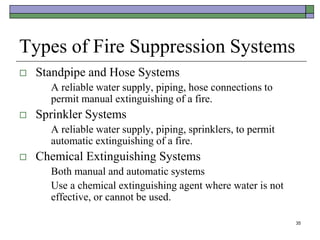 35
Types of Fire Suppression Systems
 Standpipe and Hose Systems
A reliable water supply, piping, hose connections to
permit manual extinguishing of a fire.
 Sprinkler Systems
A reliable water supply, piping, sprinklers, to permit
automatic extinguishing of a fire.
 Chemical Extinguishing Systems
Both manual and automatic systems
Use a chemical extinguishing agent where water is not
effective, or cannot be used.
 