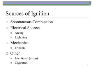 6
Sources of Ignition
 Spontaneous Combustion
 Electrical Sources
 Arcing
 Lightning
 Mechanical
 Friction
 Other
 Intentional (arson)
 Cigarettes
 