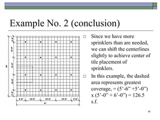 95
Example No. 2 (conclusion)
 Since we have more
sprinklers than are needed,
we can shift the centerlines
slightly to achieve center of
tile placement of
sprinklers.
 In this example, the dashed
area represents greatest
coverage, = (5’-6” +5’-0”)
x (5’-0” + 6’-0”) = 126.5
s.f.
 