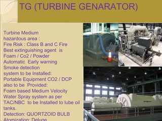 TG (TURBINE GENARATOR)
Turbine Medium
hazardous area :
Fire Risk : Class B and C Fire
Best extinguishing agent is
Foam / Co2 / Powder
Automatic Early warning
Smoke detection
system to be Installed:
Portable Equipment CO2 / DCP
also to be Provided:
Foam based Medium Velocity
Water Spray system as per
TAC/NBC to be Installed to lube oil
tanks.
Detection: QUORTZOID BULB
 