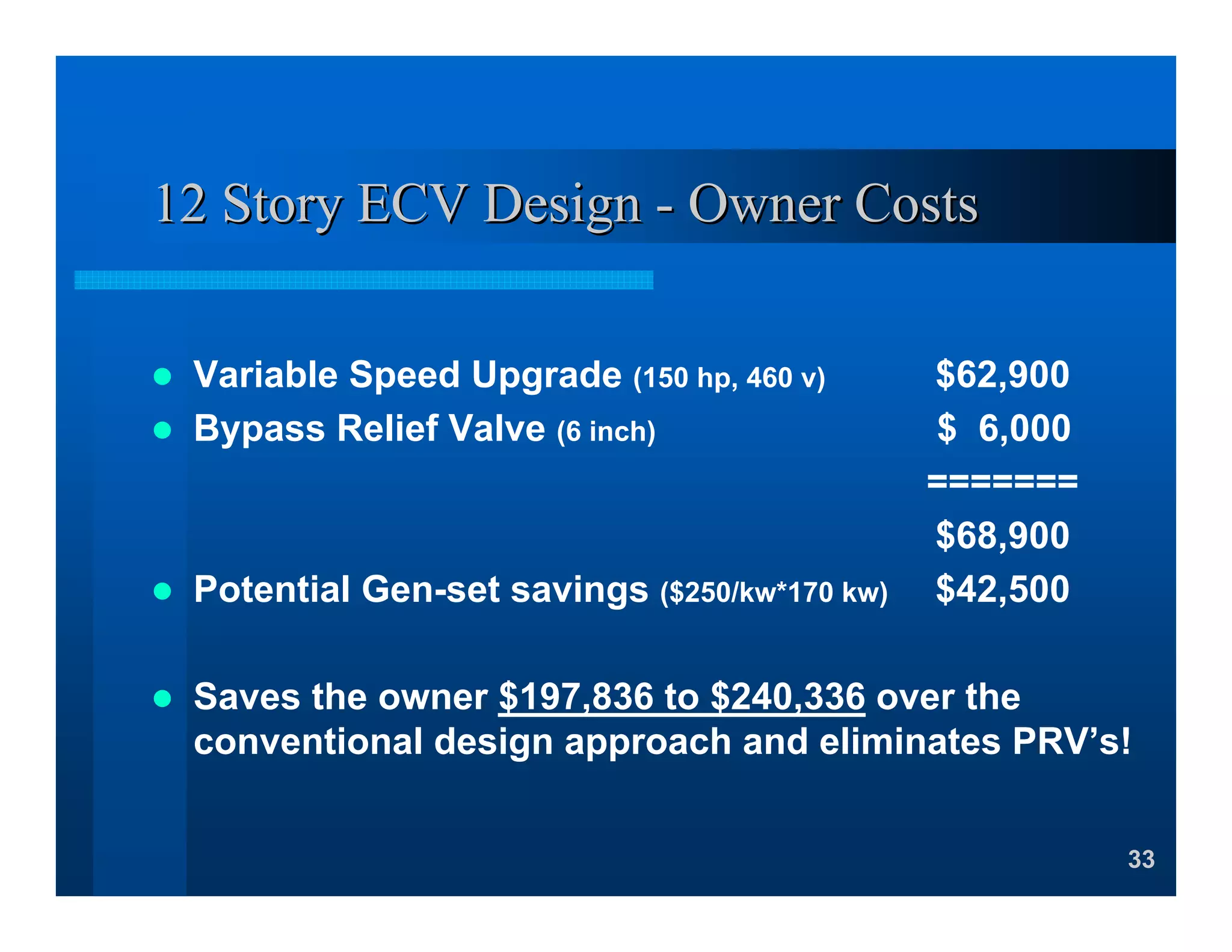 33
12 Story ECV Design12 Story ECV Design -- Owner CostsOwner Costs
Variable Speed Upgrade (150 hp, 460 v) $62,900
Bypass Relief Valve (6 inch) $ 6,000
=======
$68,900
Potential Gen-set savings ($250/kw*170 kw) $42,500
Saves the owner $197,836 to $240,336 over the
conventional design approach and eliminates PRV’s!
 