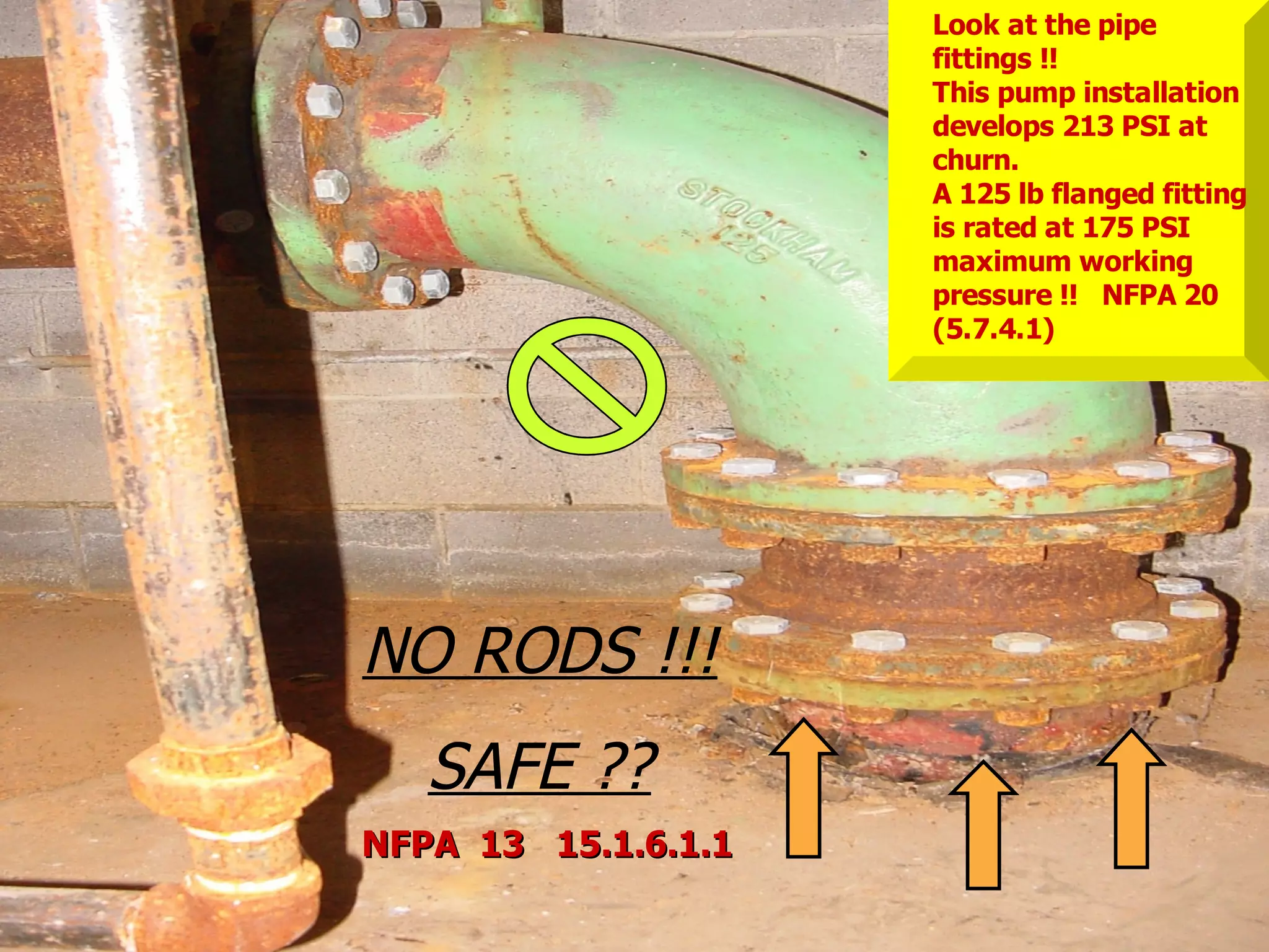 STATE of OHIO FIRE SCHOOL - BGSU 147
NO RODS !!!
SAFE ??
Look at the pipe
fittings !!
This pump installation
develops 213 PSI at
churn.
A 125 lb flanged fitting
is rated at 175 PSI
maximum working
pressure !! NFPA 20
(5.7.4.1)
NFPA 13 15.1.6.1.1NFPA 13 15.1.6.1.1
 