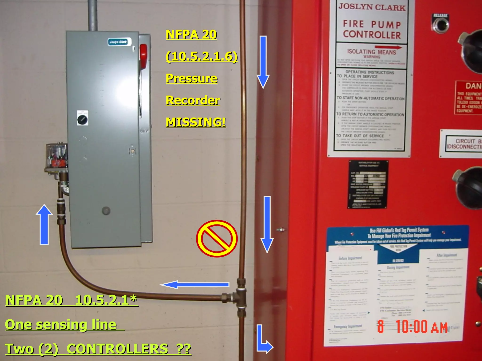 NFPA 20 10.5.2.1*NFPA 20 10.5.2.1*
One sensing lineOne sensing line
Two (2) CONTROLLERS ??Two (2) CONTROLLERS ??
NFPA 20NFPA 20
(10.5.2.1.6)(10.5.2.1.6)
PressurePressure
RecorderRecorder
MISSING!MISSING!
 