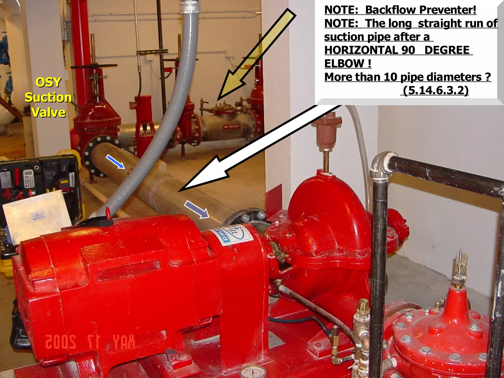 STATE of OHIO FIRE SCHOOL - BGSU 158
OSYOSY
SuctionSuction
ValveValve
NOTE: Backflow Preventer!
NOTE: The long straight run of
suction pipe after a
HORIZONTAL 90 DEGREE
ELBOW !
More than 10 pipe diameters ?
(5.14.6.3.2)
 