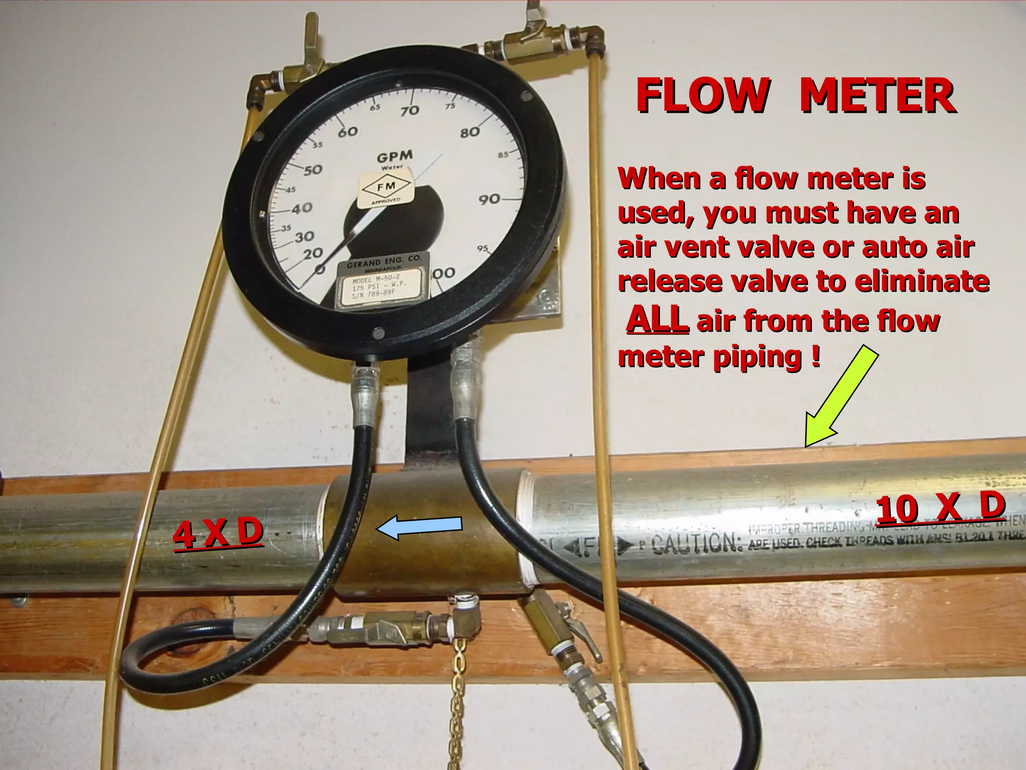 STATE of OHIO FIRE SCHOOL - BGSU 170
FLOW METERFLOW METER
When a flow meter isWhen a flow meter is
used, you must have anused, you must have an
air vent valve or auto airair vent valve or auto air
release valve to eliminaterelease valve to eliminate
ALLALL air from the flowair from the flow
meter piping !meter piping !
10 X D10 X D
4 X D4 X D
 