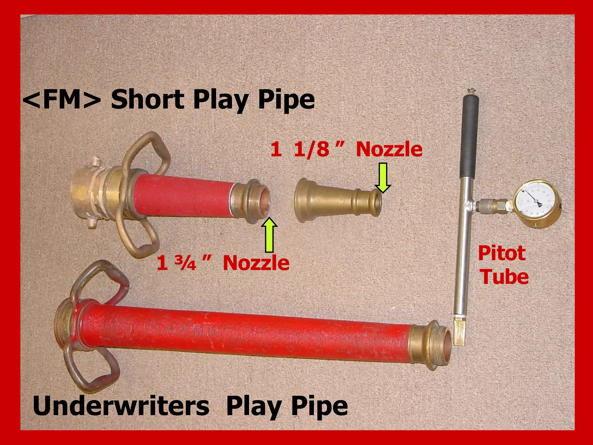 <FM> Short Play Pipe
Underwriters Play Pipe
1 ¾ ” Nozzle
1 1/8 ” Nozzle
Pitot
Tube
 