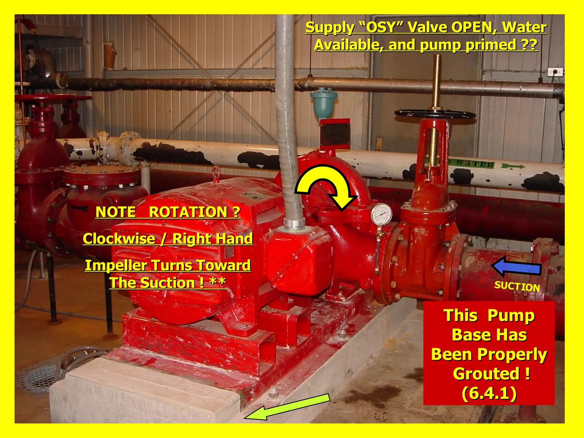 Supply “OSY” Valve OPEN, WaterSupply “OSY” Valve OPEN, Water
Available, and pump primed ??Available, and pump primed ??
NOTE ROTATION ?NOTE ROTATION ?
Clockwise / Right HandClockwise / Right Hand
Impeller Turns TowardImpeller Turns Toward
The Suction ! **The Suction ! ** SUCTION
This PumpThis Pump
Base HasBase Has
Been ProperlyBeen Properly
Grouted !Grouted !
(6.4.1)(6.4.1)
 