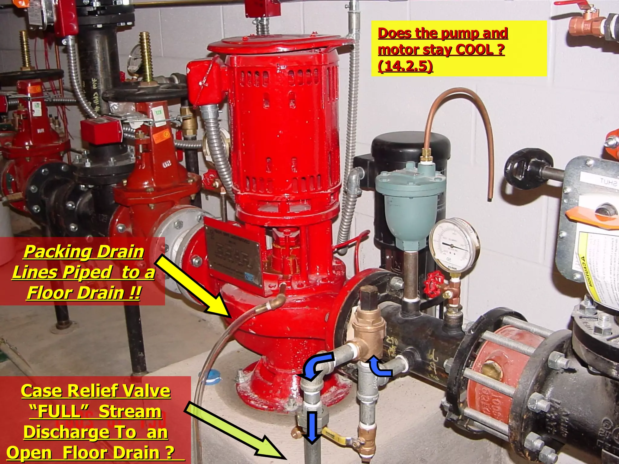 Case Relief ValveCase Relief Valve
“FULL” Stream“FULL” Stream
Discharge To anDischarge To an
Open Floor Drain ?Open Floor Drain ?
Packing DrainPacking Drain
Lines Piped to aLines Piped to a
Floor Drain !!Floor Drain !!
Does the pump andDoes the pump and
motor stay COOL ?motor stay COOL ?
(14.2.5)(14.2.5)
 