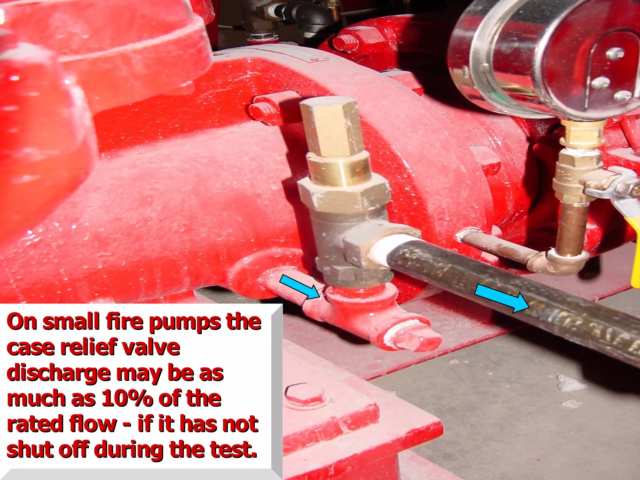 STATE of OHIO FIRE SCHOOL - BGSU 217
On small fire pumps theOn small fire pumps the
case relief valvecase relief valve
discharge may be asdischarge may be as
much as 10% of themuch as 10% of the
rated flow - if it has notrated flow - if it has not
shut off during the test.shut off during the test.
 