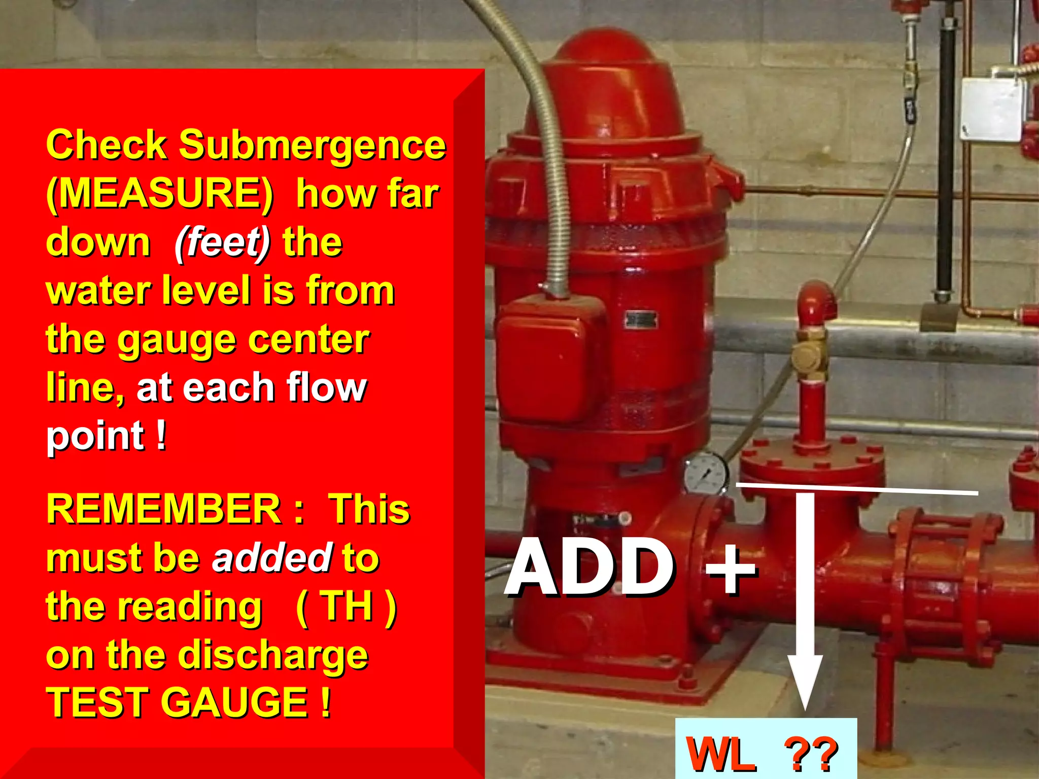 STATE of OHIO FIRE SCHOOL - BGSU 226
Check SubmergenceCheck Submergence
(MEASURE) how far(MEASURE) how far
downdown (feet)(feet) thethe
water level is fromwater level is from
the gauge centerthe gauge center
line,line, at each flowat each flow
point !point !
REMEMBER : ThisREMEMBER : This
must bemust be addedadded toto
the reading ( TH )the reading ( TH )
on the dischargeon the discharge
TEST GAUGE !TEST GAUGE !
WL ??WL ??
ADD +ADD +
 