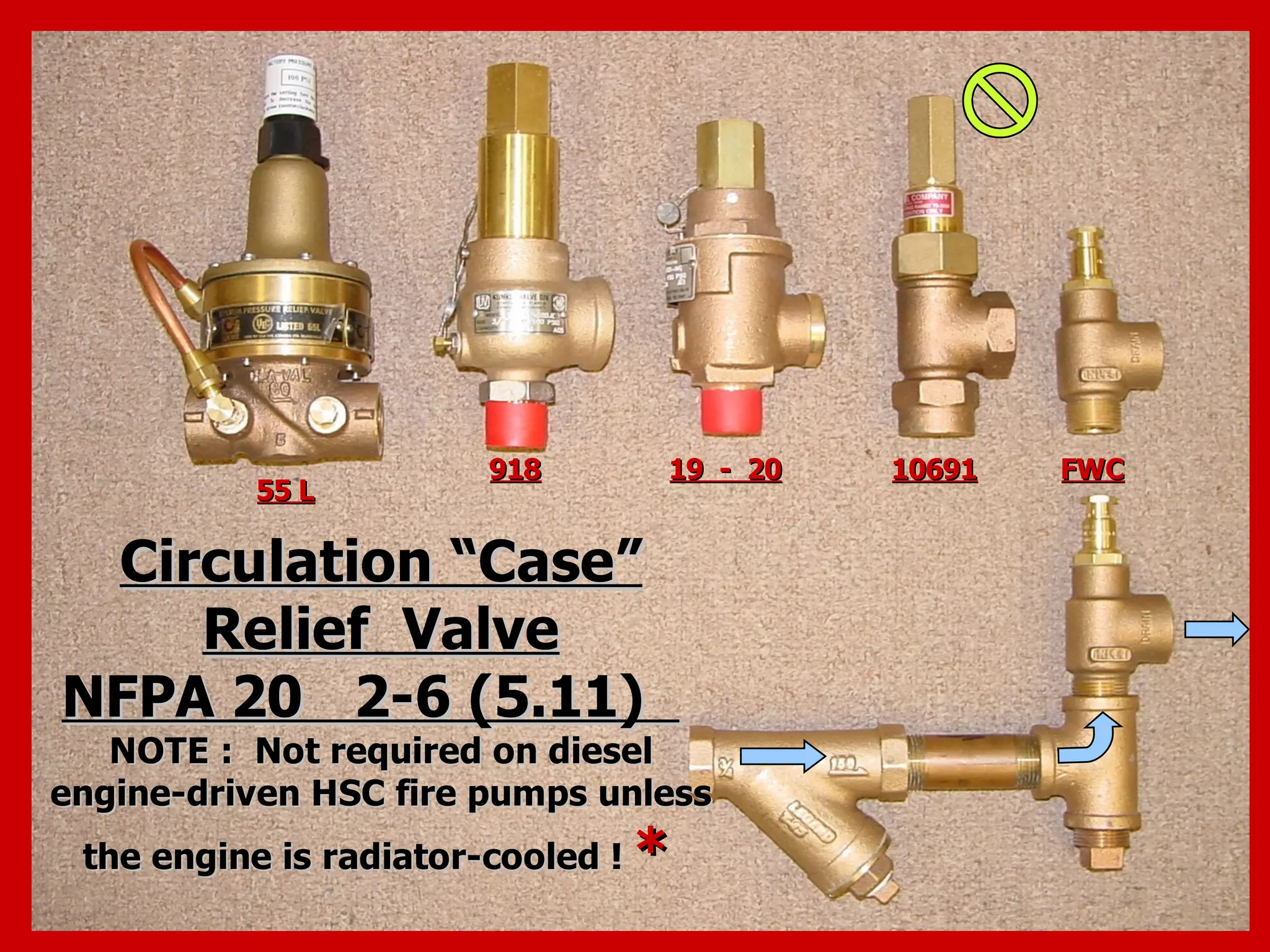 Circulation “Case”Circulation “Case”
Relief ValveRelief Valve
NFPA 20 2-6 (5.11)NFPA 20 2-6 (5.11)
NOTE : Not required on dieselNOTE : Not required on diesel
engine-driven HSC fire pumps unlessengine-driven HSC fire pumps unless
the engine is radiator-cooled !the engine is radiator-cooled ! **
55 L55 L
918918 19 - 2019 - 20 1069110691 FWCFWC
 