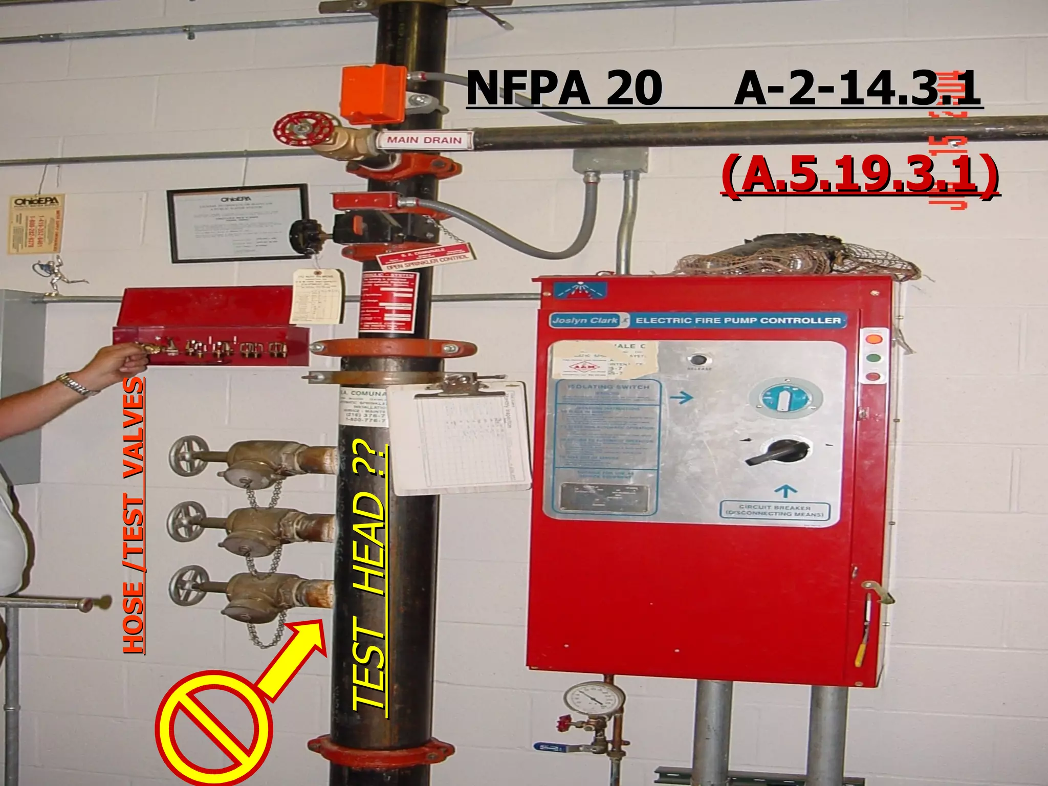STATE of OHIO FIRE SCHOOL - BGSU 50
NFPA 20 A-2-14.3.1NFPA 20 A-2-14.3.1
(A.5.19.3.1)(A.5.19.3.1)
TESTHEAD??TESTHEAD??
HOSE/TESTVALVESHOSE/TESTVALVES
 