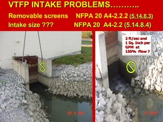 VTFP INTAKE PROBLEMS………..
VTFP INTAKE PROBLEMS………..
Removable screens NFPA 20 A4-2.2.2 (5.14.8.3)
(5.14.8.3)
Intake size ???
Intake size ??? NFPA 20 A4-2.2
NFPA 20 A4-2.2 (5.14.8.4)
(5.14.8.4)
2 ft/sec and
2 ft/sec and
1 Sq. Inch per
1 Sq. Inch per
GPM at
GPM at
150% Flow ?
150% Flow ?
 