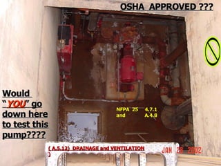 Would
Would
“
“YOU
YOU” go
” go
down here
down here
to test this
to test this
pump????
pump????
OSHA APPROVED ???
OSHA APPROVED ???
NFPA 25 4.7.1
NFPA 25 4.7.1
and A.4.8
and A.4.8
( A.5.12) DRAINAGE and VENTILATION
( A.5.12) DRAINAGE and VENTILATION
)
)
 