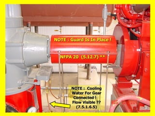 NOTE : Guard Is In Place !
NOTE : Guard Is In Place !
NFPA 20 (5.12.7) **
NFPA 20 (5.12.7) **
NOTE : Cooling
NOTE : Cooling
Water For Gear
Water For Gear
Connected !
Connected !
Flow Visible ??
Flow Visible ??
(7.5.1.6.5)
(7.5.1.6.5)
 