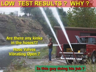 LOW TEST RESULTS ? WHY ?
LOW TEST RESULTS ? WHY ?
Are there any kinks
Are there any kinks
in the hoses??
in the hoses??
Hose Valves
Hose Valves
Vibrating Open ?
Vibrating Open ?
Is this guy doing his job ?
Is this guy doing his job ?
 