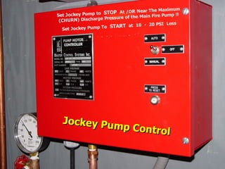 STATE of OHIO FIRE SCHOOL - BGSU 240
Jockey Pump Control
Jockey Pump Control
Set Jockey Pump to STOP At /OR Near The Maximum
(CHURN) Discharge Pressure of the Main Fire Pump !!
Set Jockey Pump To START at 10 - 20 PSI Less
 