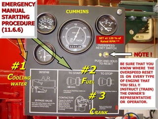 STATE of OHIO FIRE SCHOOL - BGSU 257
#1
#1
C
COOLING
OOLING
WATER
WATER
#2
#2
F
FUEL
UEL
# 3
# 3
C
CRANK
RANK
NOTE !
NOTE !
SET at 120 % of
Rated RPM **
EMERGENCY
EMERGENCY
MANUAL
MANUAL
STARTING
STARTING
PROCEDURE
PROCEDURE
(11.6.6)
(11.6.6)
BE SURE THAT YOU
KNOW WHERE THE
OVERSPEED RESET
IS ON EVERY TYPE
OF ENGINE THAT
YOU SELL !!
INSTRUCT (TRAIN)
THE OWNER’S
REPRESENTATIVE
OR OPERATOR.
CUMMINS
 