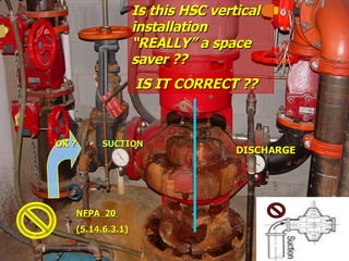 STATE of OHIO FIRE SCHOOL - BGSU 43
SUCTION
SUCTION
DISCHARGE
DISCHARGE
Is this HSC vertical
Is this HSC vertical
installation
installation
“REALLY” a space
“REALLY” a space
saver ??
saver ??
IS IT CORRECT ??
IS IT CORRECT ??
OK ?
OK ?
NFPA 20
NFPA 20
(5.14.6.3.1)
(5.14.6.3.1)
 