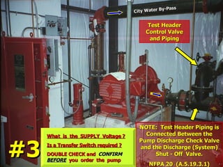 NOTE: Test Header Piping is
NOTE: Test Header Piping is
Connected Between the
Connected Between the
Pump Discharge Check Valve
Pump Discharge Check Valve
and the Discharge (System)
and the Discharge (System)
Shut - Off Valve.
Shut - Off Valve.
NFPA 20 (A.5.19.3.1)
NFPA 20 (A.5.19.3.1)
Test Header
Test Header
Control Valve
Control Valve
and Piping
and Piping
City Water By-Pass
City Water By-Pass
What is the SUPPLY Voltage ?
What is the SUPPLY Voltage ?
Is a Transfer Switch required ?
Is a Transfer Switch required ?
DOUBLE CHECK and
DOUBLE CHECK and CONFIRM
CONFIRM
BEFORE
BEFORE you order the pump
you order the pump
#3
#3
 