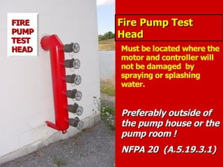 Fire Pump Test
Fire Pump Test
Head
Head
Must be located where the
motor and controller will
not be damaged by
spraying or splashing
water.
Preferably outside of
Preferably outside of
the pump house or the
the pump house or the
pump room !
pump room !
NFPA 20 (A.5.19.3.1)
NFPA 20 (A.5.19.3.1)
FIRE
FIRE
PUMP
PUMP
TEST
TEST
HEAD
HEAD
 