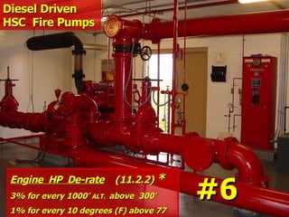 Diesel Driven
Diesel Driven
HSC Fire Pumps
HSC Fire Pumps
Engine HP De-rate
Engine HP De-rate (11.2.2)
(11.2.2) *
*
3% for every 1000’
3% for every 1000’ ALT.
ALT. above 300’
above 300’
1% for every 10 degrees (F) above 77
1% for every 10 degrees (F) above 77
#6
#6
 