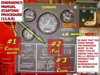#1
#1
C
COOLING
OOLING
WATER
WATER
#2
#2
F
FUEL
UEL
# 3
# 3
C
CRANK
RANK
NOTE !
NOTE !
SET at 120 % of
Rated RPM *****
EMERGENCY
EMERGENCY
MANUAL
MANUAL
STARTING
STARTING
PROCEDURE
PROCEDURE
(11.6.6)
(11.6.6)
BE SURE THAT YOU
KNOW WHERE
THE OVERSPEED
RESET IS ON
EVERY TYPE OF
ENGINE THAT YOU
SELL or INSTALL !!
INSTRUCT THE
OWNER’S
REPRESENTATIVE
OR OPERATOR.
CUMMINS
 