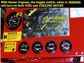 STATE of OHIO FIRE SCHOOL - BGSU 74
#
#3
3 CRANK
CRANK
BATTERY 1 or 2
BATTERY 1 or 2
#2
#2
With Newer Engines, the toggle switch, when in
With Newer Engines, the toggle switch, when in MANUAL
MANUAL
will turn on both
will turn on both FUEL
FUEL and
and COOLING WATER
COOLING WATER
 