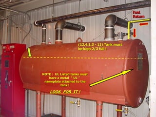 NOTE : UL Listed tanks must
NOTE : UL Listed tanks must
have a metal “ UL ”
have a metal “ UL ”
nameplate attached to the
nameplate attached to the
tank !
tank !
LOOK FOR IT !
LOOK FOR IT !
(12.4.1.3 - 11) Tank must
(12.4.1.3 - 11) Tank must
be kept 2/3 full !
be kept 2/3 full !
Fuel
Fuel
Return
Return
 