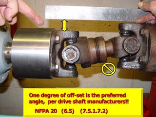 STATE of OHIO FIRE SCHOOL - BGSU 99
One degree of off-set is the preferred
One degree of off-set is the preferred
angle, per drive shaft manufacturers!!
angle, per drive shaft manufacturers!!
NFPA 20 (6.5) (7.5.1.7.2)
NFPA 20 (6.5) (7.5.1.7.2)
 